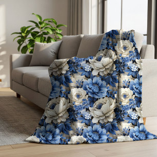Moderne Blaue Weiße Florale Elfenbeinfarbene Kusch Sherpadecke