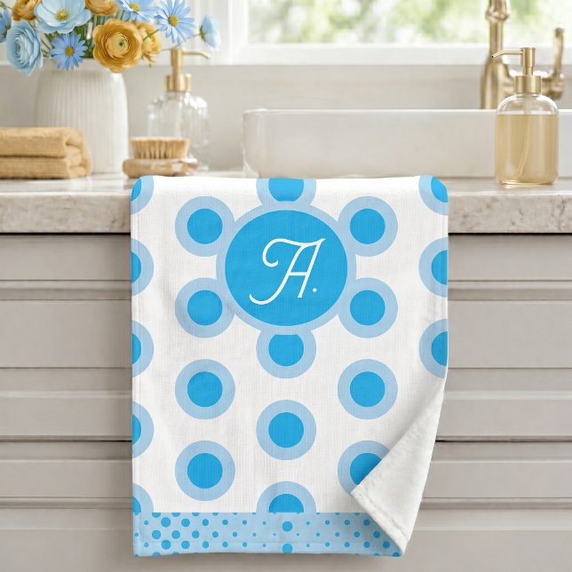Moderne Blaue Weiße Kreisring-Muster-Monogramm Badhandtuch Set (Von Creator hochgeladen)