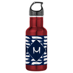 Moderne Blaue Weiße Muster Stylische Monogramm Edelstahlflasche