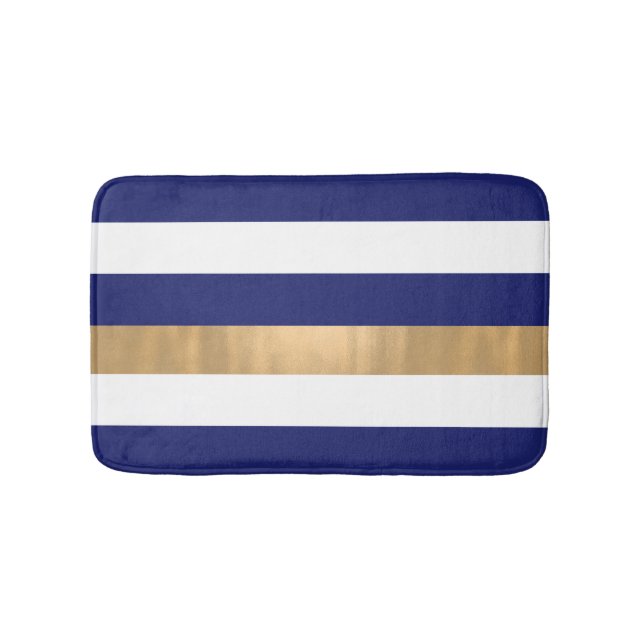 Moderne blaue, weiße und goldgestreifte Badematte (Vorderseite)