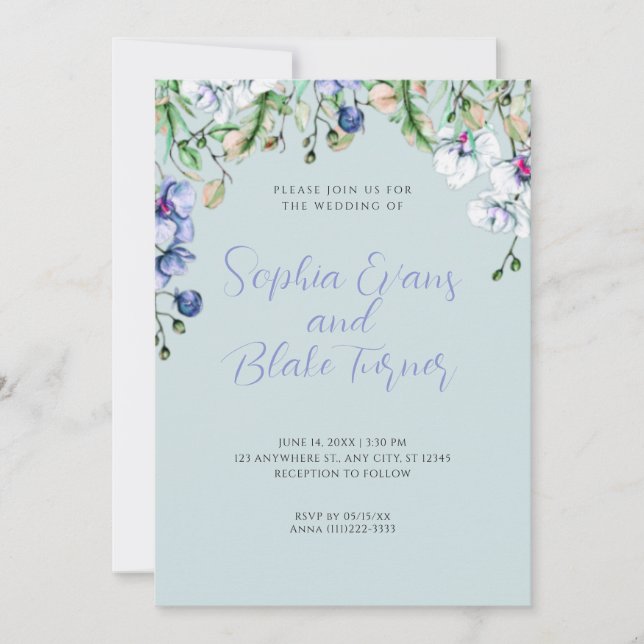 Moderne blaue, weiße und grüne blaue Hochzeit Einladung (Vorderseite)