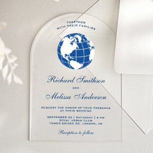 Moderne blaue Weltkarten-Globus-Hochzeit Acryleinladungen