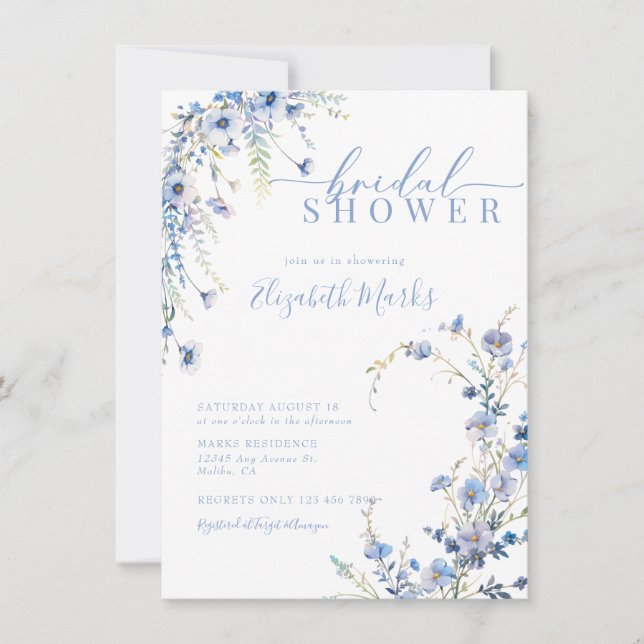 Moderne blaue Wildblumen Botanisches Brautparty Einladung (Vorderseite)
