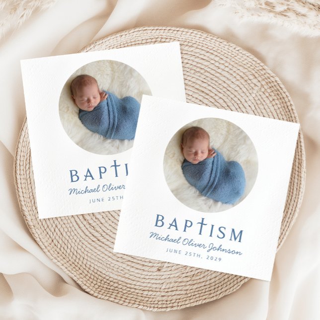 Moderne Blauer Kreuz Taufe Foto Serviette (Modern Photo Blue Cross Boy Baptism Napkins)