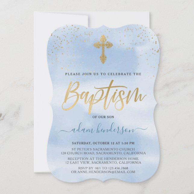 Moderne Blauer und Goldjunge Taufe Einladung (Vorderseite)