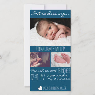 Moderne blaues Baby-Geburts-Mitteilungs-Foto-Karte Ankündigung