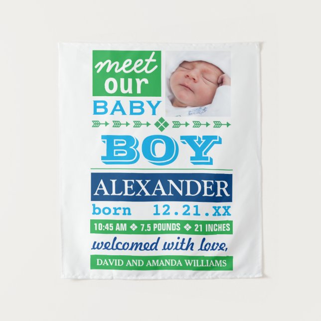 Moderne blaues Baby-Jungen-Foto-Geburts-Mitteilung Wandteppich (Vorderseite)