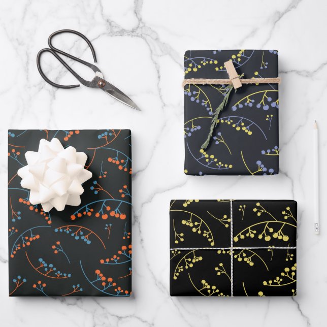 Moderne, blaugelbe Lila-Beeren-Muster Geschenkpapier Set (Vorderseite)