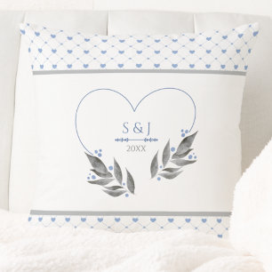 Moderne Blaugrau Hochzeitspaar Initialen Jahr Kissen