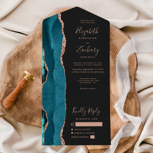 Moderne Blaugrüne Roségold-Achat-Dunkle Hochzeit All In One Einladung
