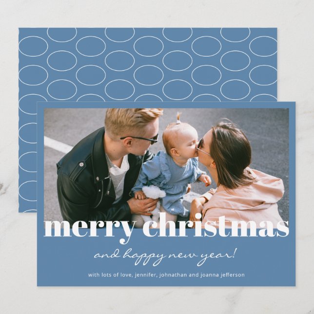 Moderne Bleu Joyeux Noël Carte photo personnalisé (Devant / Derrière)