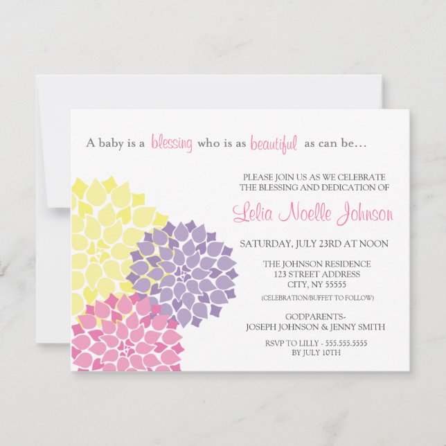 Moderne Bloom Baby Dedication Segen Einladung (Vorderseite)