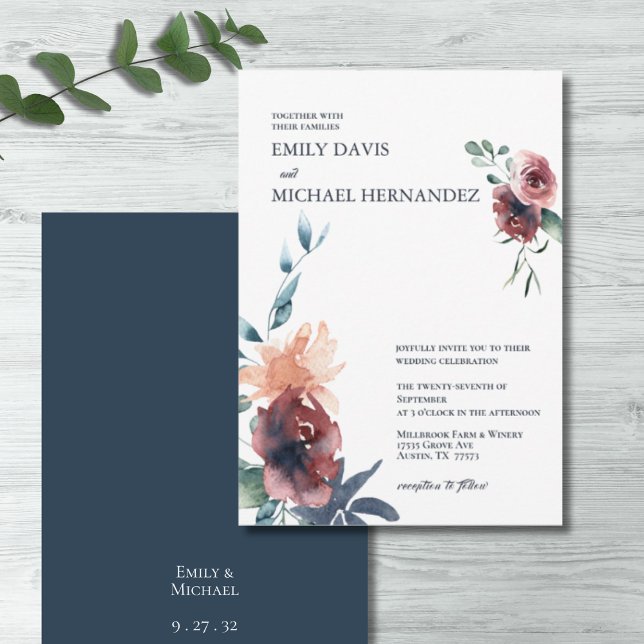 Moderne Bloral Burgund Navy Blush Peach Hochzeit Einladung (Von Creator hochgeladen)