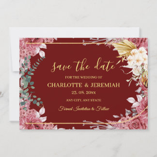 Moderne Bloral Burgundy Gold Eukalyptus Wedding Save The Date