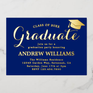 Moderne Blue and Gold Graduation Party Folieneinladung