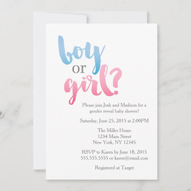 Moderne Blue and Pink Gender Reveal Baby Shower Einladung (Vorderseite)