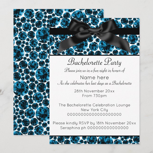 MODERNE BLUE BLACK DIAMOND BOW BACHELORETTE EINLADUNG (Vorne/Hinten)
