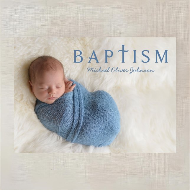 Moderne Blue Boy Foto Taufe Einladung (1 Photo Elegant Religious Blue Boy Baptism Invitation)