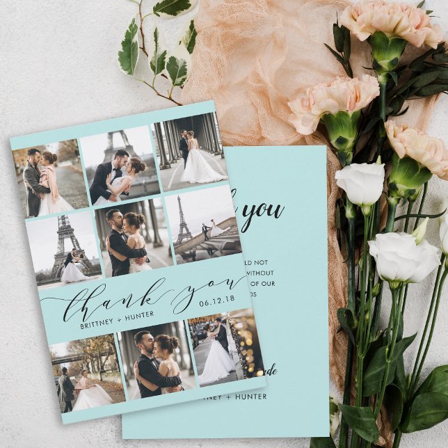 Moderne Blue Calligraphy 9 Foto Collage Dankeskarte (Von Creator hochgeladen)