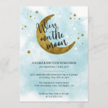 Moderne Blue Calligraphy Over the Moon Baby Shower