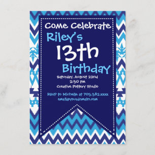 Moderne Blue Chevron Invitations de fête d'anniver