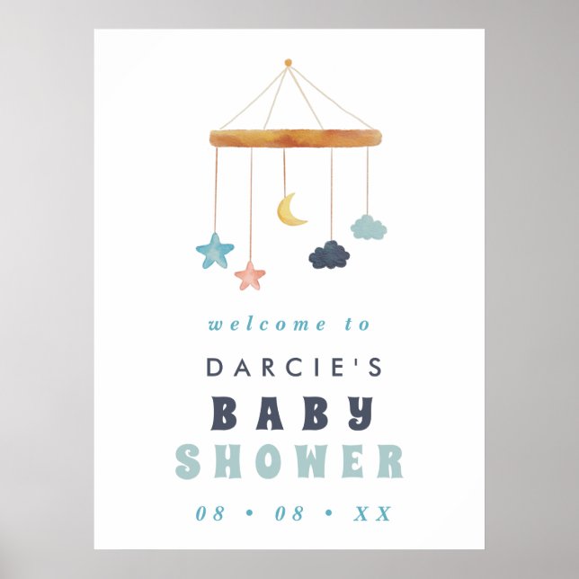 Moderne Blue Crib Mobile Blue Baby Dusche Willkomm Poster (Vorne)