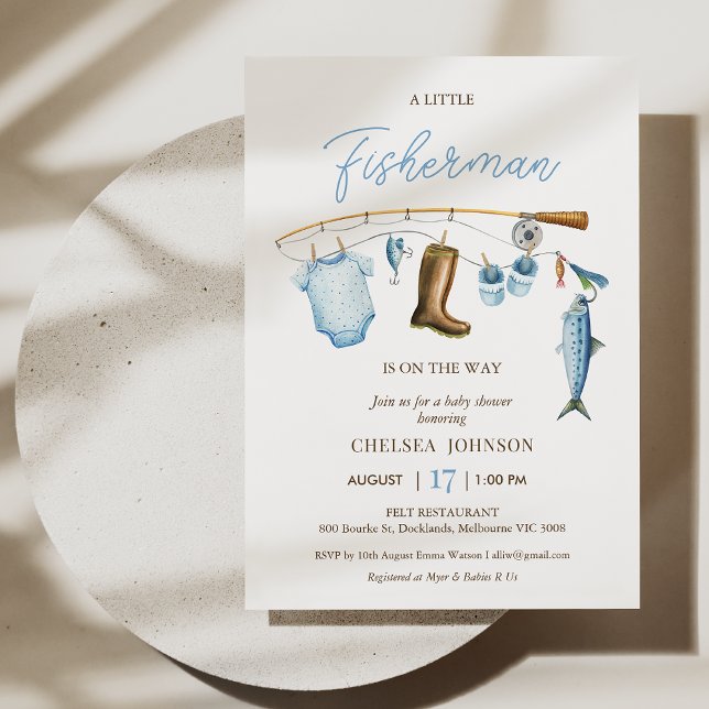 Moderne Blue Fisherman Fishing Themed Baby Dusche Einladung (Boys Fishing Themed Baby Shower Invitation, Fishing Baby Shower Invitation Template, Fishing Rod)