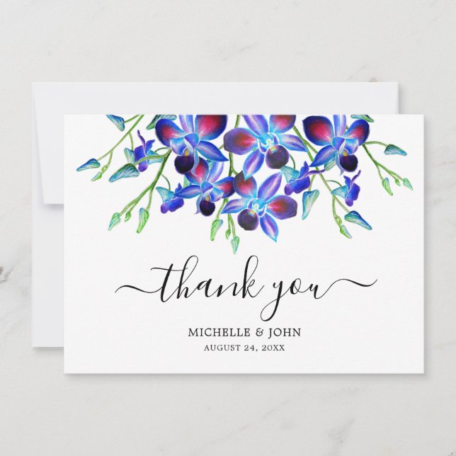 Moderne Blue Floral Orchids Wasserfarbname Hochzei Dankeskarte (Vorderseite)