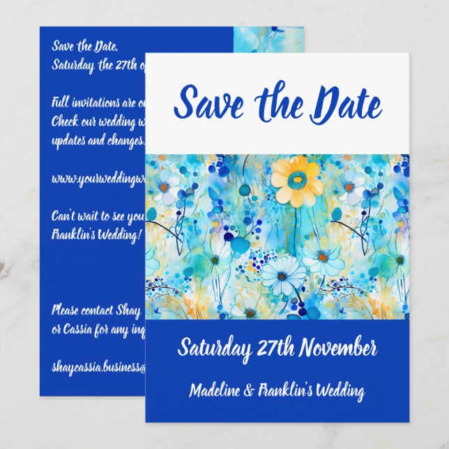 Moderne Blue Floral Print Wedding rettet das Datum Save The Date (Vorne/Hinten)