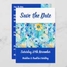 Moderne Blue Floral Print Wedding rettet das Datum