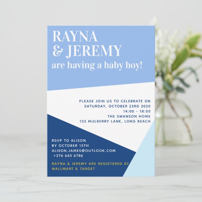Moderne Blue Geometric Boy Couple Babydusche Einladung (Stehend Vorderseite)