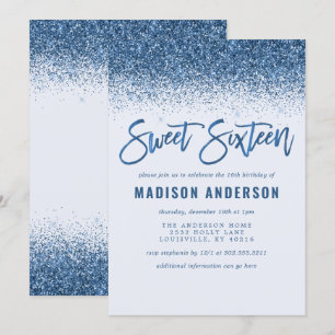 Moderne Blue Glitter Sweet 16 Geburtstagsfeier Einladung