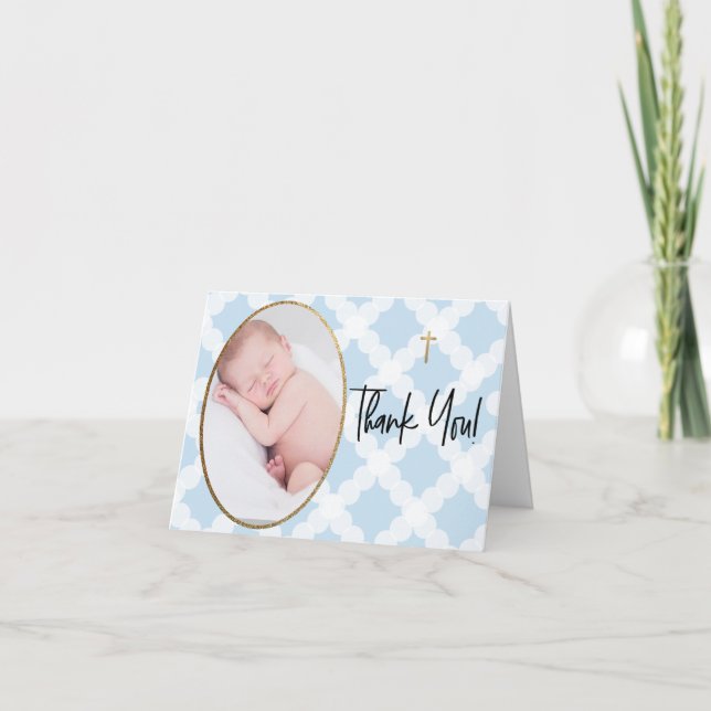 Moderne Blue Gold Cross Custom Foto Taufe Dankeskarte (Vorderseite)