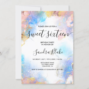 Moderne Blue Gold Girly Trendy Sweet 16 Invitation
