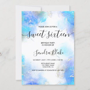 Moderne Blue Gold Girly Trendy Sweet 16 Invitation