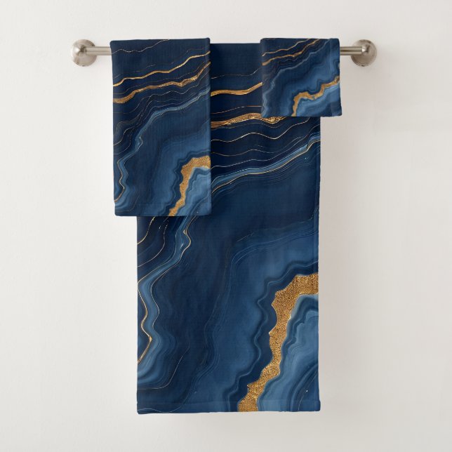 Moderne Blue Gold Marmor Collection Badhandtuch Set (Insitu)