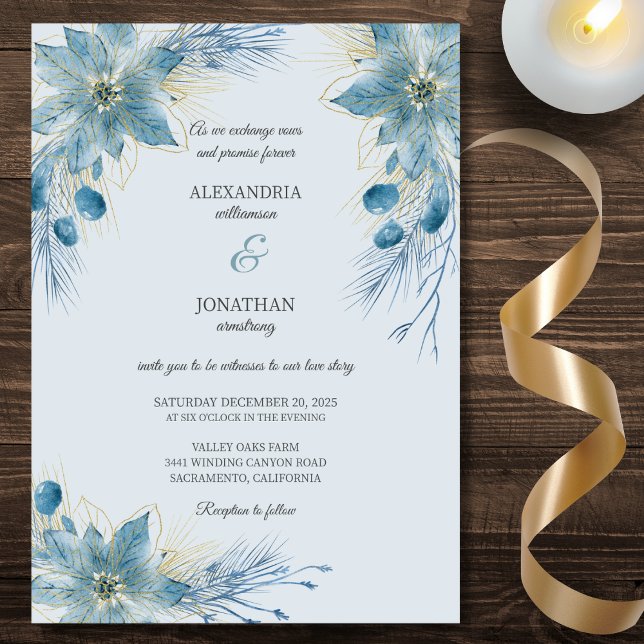 Moderne Blue & Gold Poinsettias auf Blue Wedding Einladung (Von Creator hochgeladen)