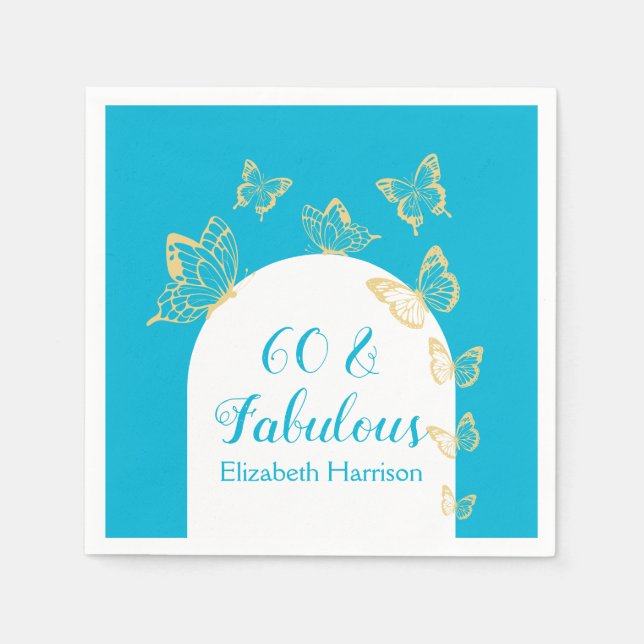 Moderne Blue Gold Schmetterlinge Fabulous Geburtst Serviette (Vorderseite)