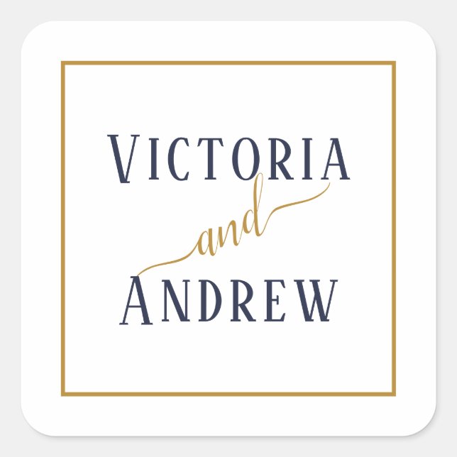 Moderne Blue Gold Script Minimal Hochzeit Quadratischer Aufkleber (Vorderseite)