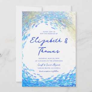 Moderne Blue Gold Surfer Wave Eleganter Beach Hoch Einladung