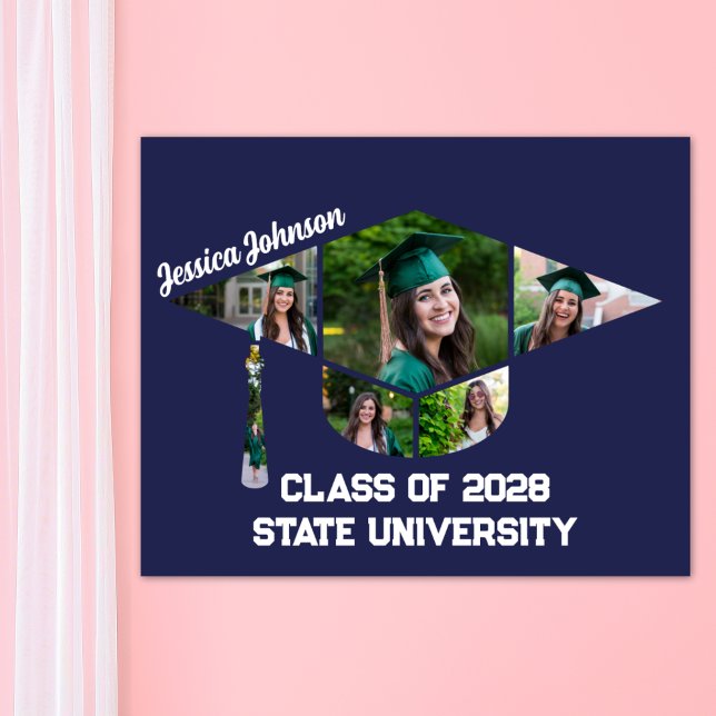 Moderne Blue Graduation Cap Foto Collage Poster (Modern Blue Graduate Photo Collage Poster Print)