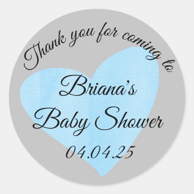 Moderne Blue Heart Boy Baby Dusche Runder Aufkleber (Vorderseite)