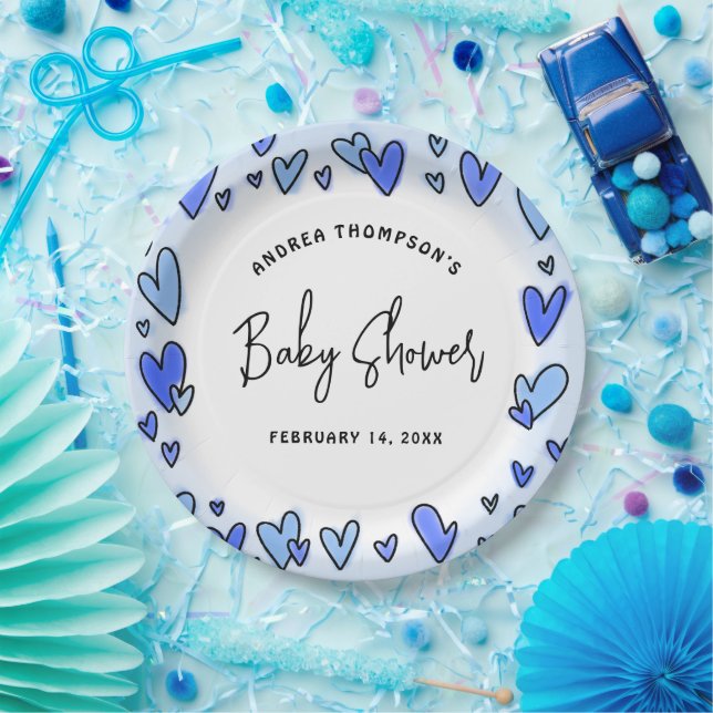 Moderne Blue Hearts Valentine Baby Dusche Pappteller (Party)