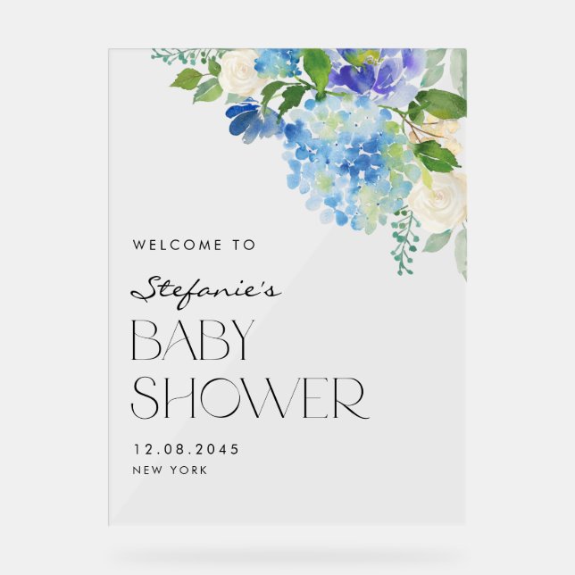 Moderne Blue Hydrangea Blume Babydusche Empfang Acrylschild (Vorderseite)
