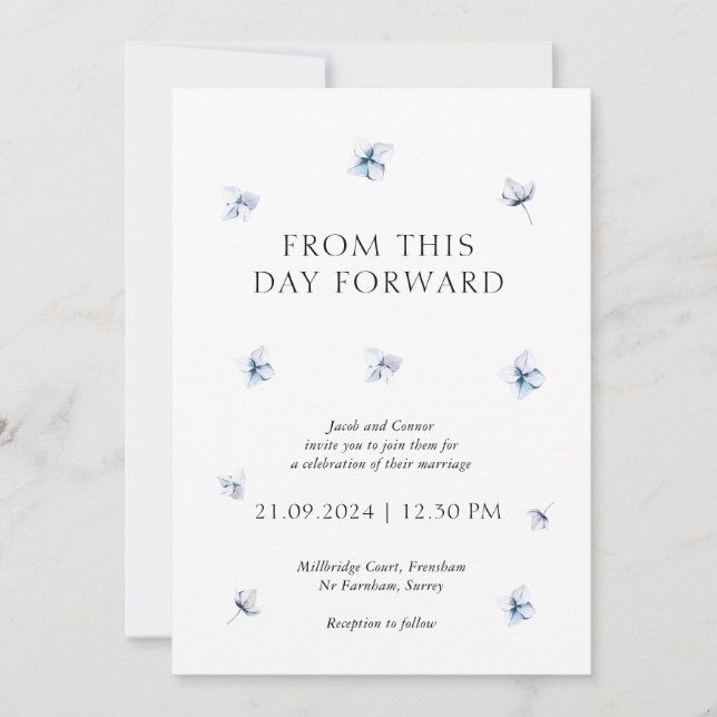 Moderne Blue Hydrangea Floral Faire-part de mariag (Devant)