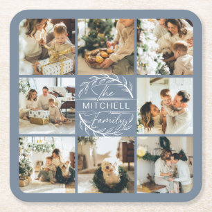 Moderne Blue Monogram Family Name & Foto Rechteckiger Pappuntersetzer