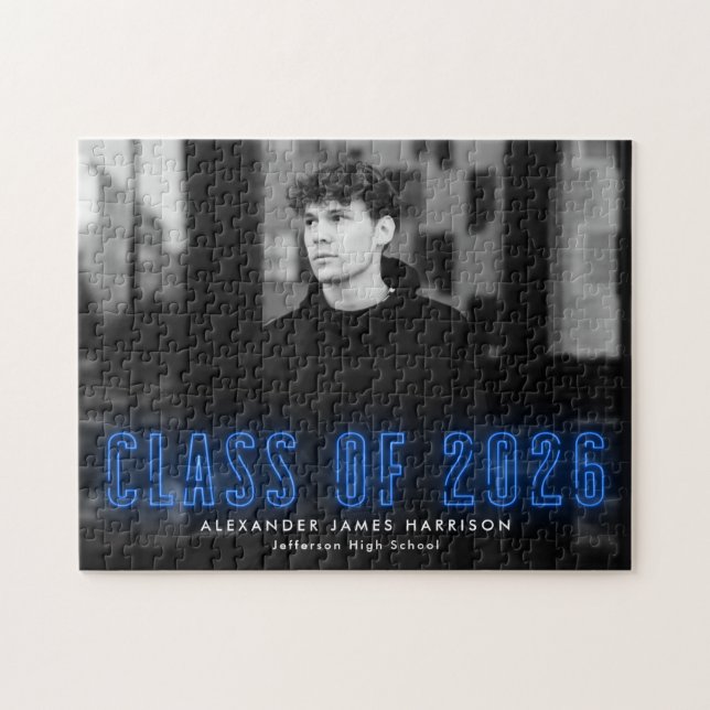 Moderne Blue Neon Class 2025 Abschluss Foto (Horizontal)