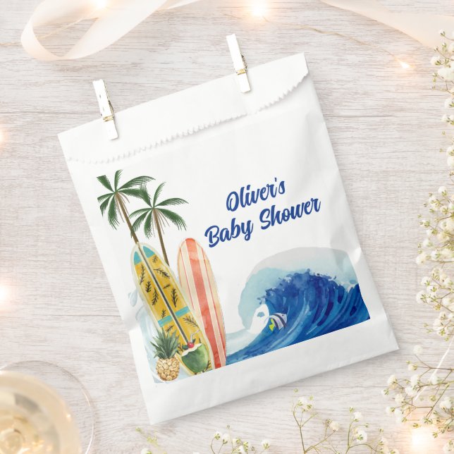 Moderne Blue Ocean Wave Surfboard Baby Dusche Geschenktütchen (Ausgeschnitten)