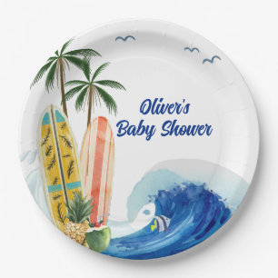 Moderne Blue Ocean Wave Surfboard Baby Dusche Pappteller