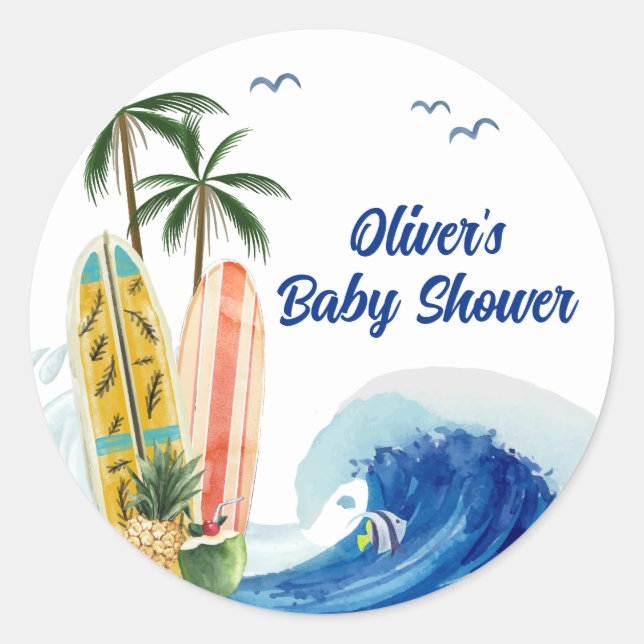 Moderne Blue Ocean Wave Surfboard Baby Dusche Runder Aufkleber (Vorderseite)